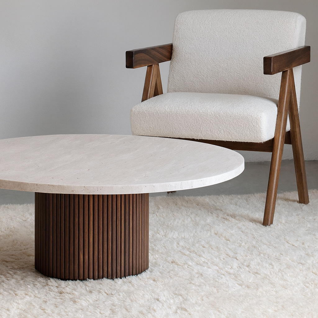 Round travertine coffee table with beech wood leg
