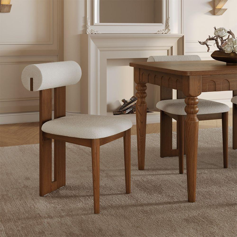 Chaise design en noyer massif, revêtement en tissu sur-mesure pour un confort élégant