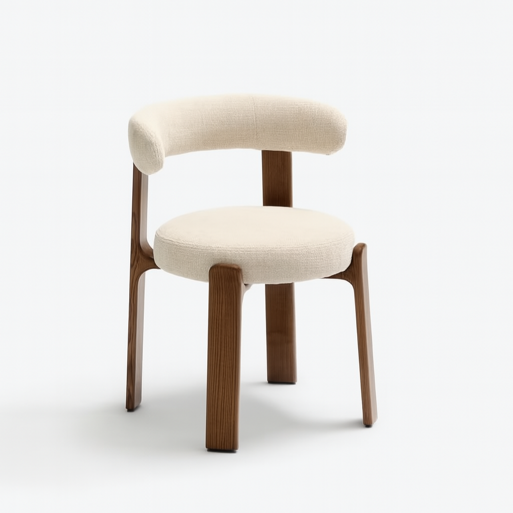 Chaise en bois de noyer avec assise en tissu et dossier arrondi, design contemporain.