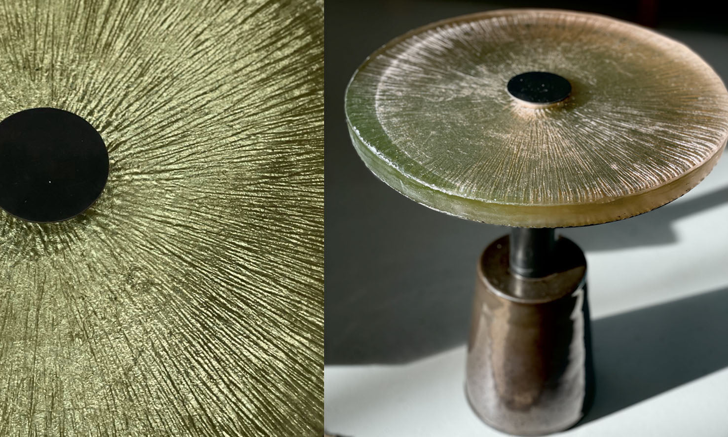 Guéridon artisanal en verre coulé à la cire perdue avec pied en grès et acier patiné signé ARTEFIKO.