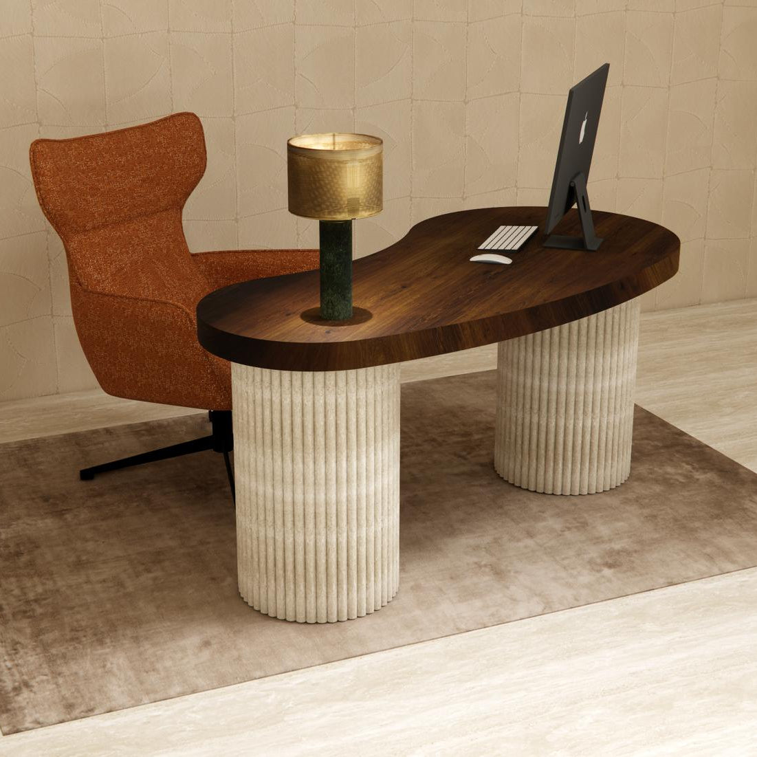 Bureau design en noyer massif avec pieds en travertin et tiroir intégré, vue de face.