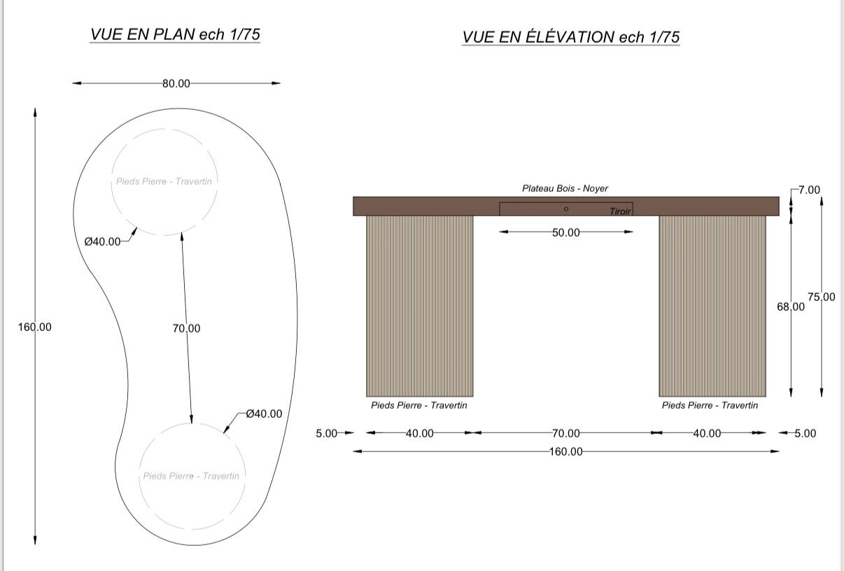 Plan technique d’un bureau en noyer massif avec pieds en travertin, incluant les dimensions et la vue en élévation.